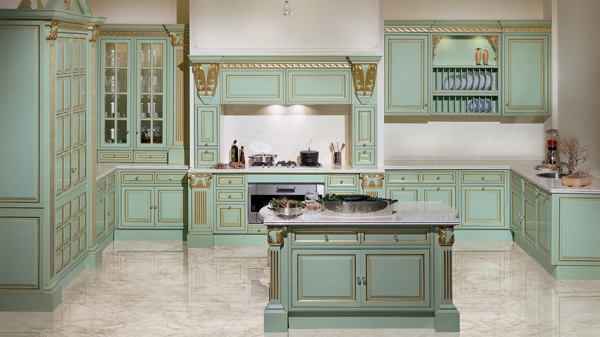 cucina impero verde oro fronte