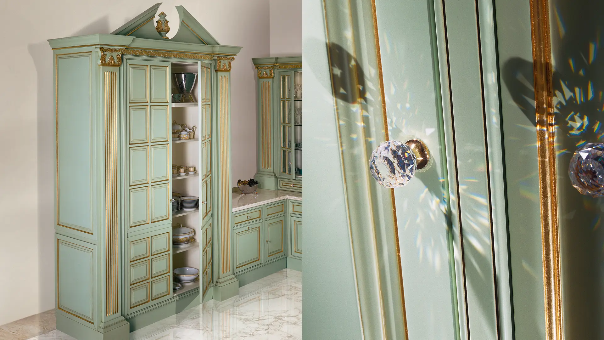 cucina impero verde oro dettagli